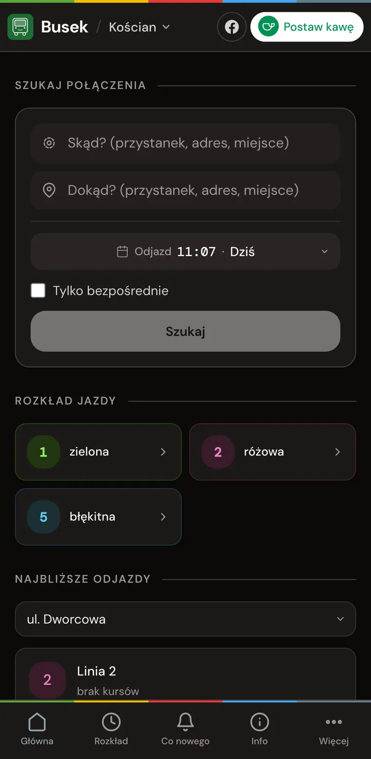 Ekran główny aplikacji Busek w trybie ciemnym.
