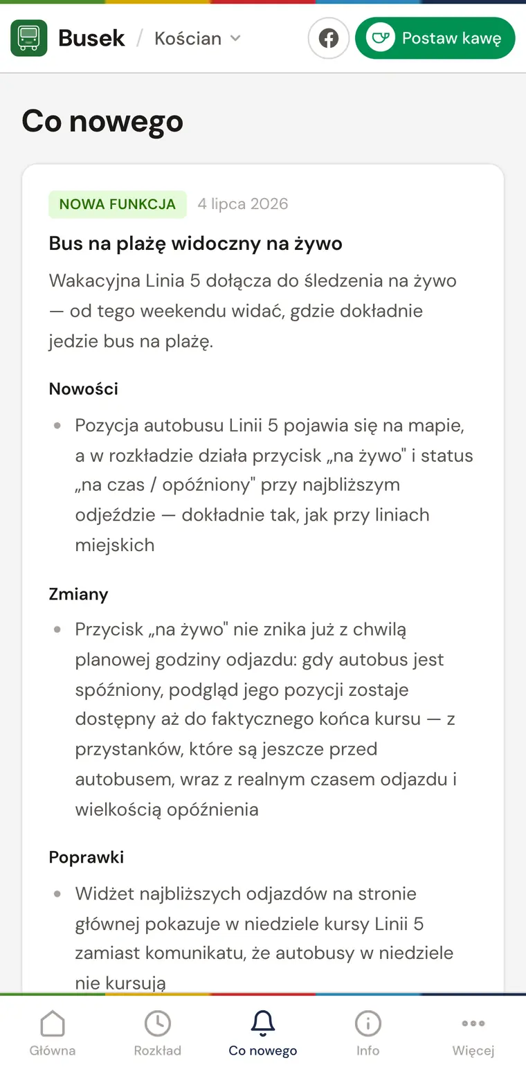 Strona „Co nowego”: wpis o busie na plażę, z podziałem na nowości, zmiany i poprawki.