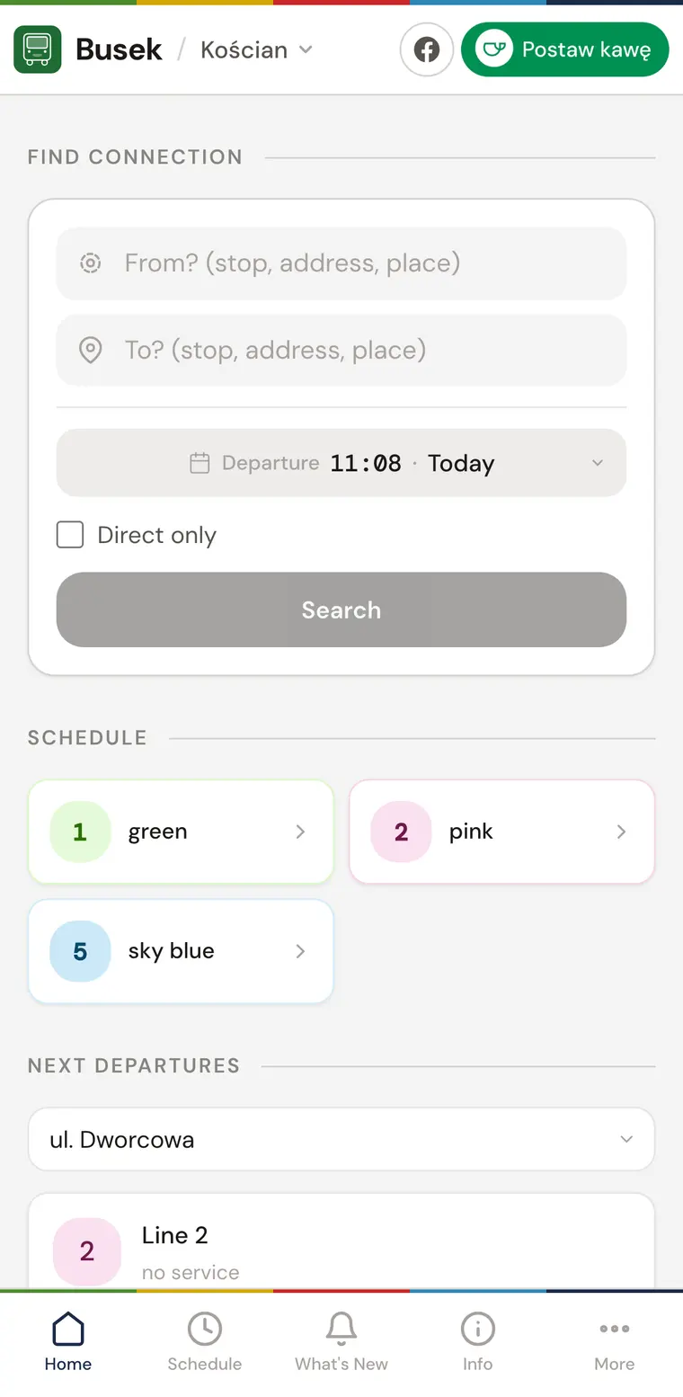 Ekran główny aplikacji Busek po angielsku: Find connection, Schedule, Next departures.