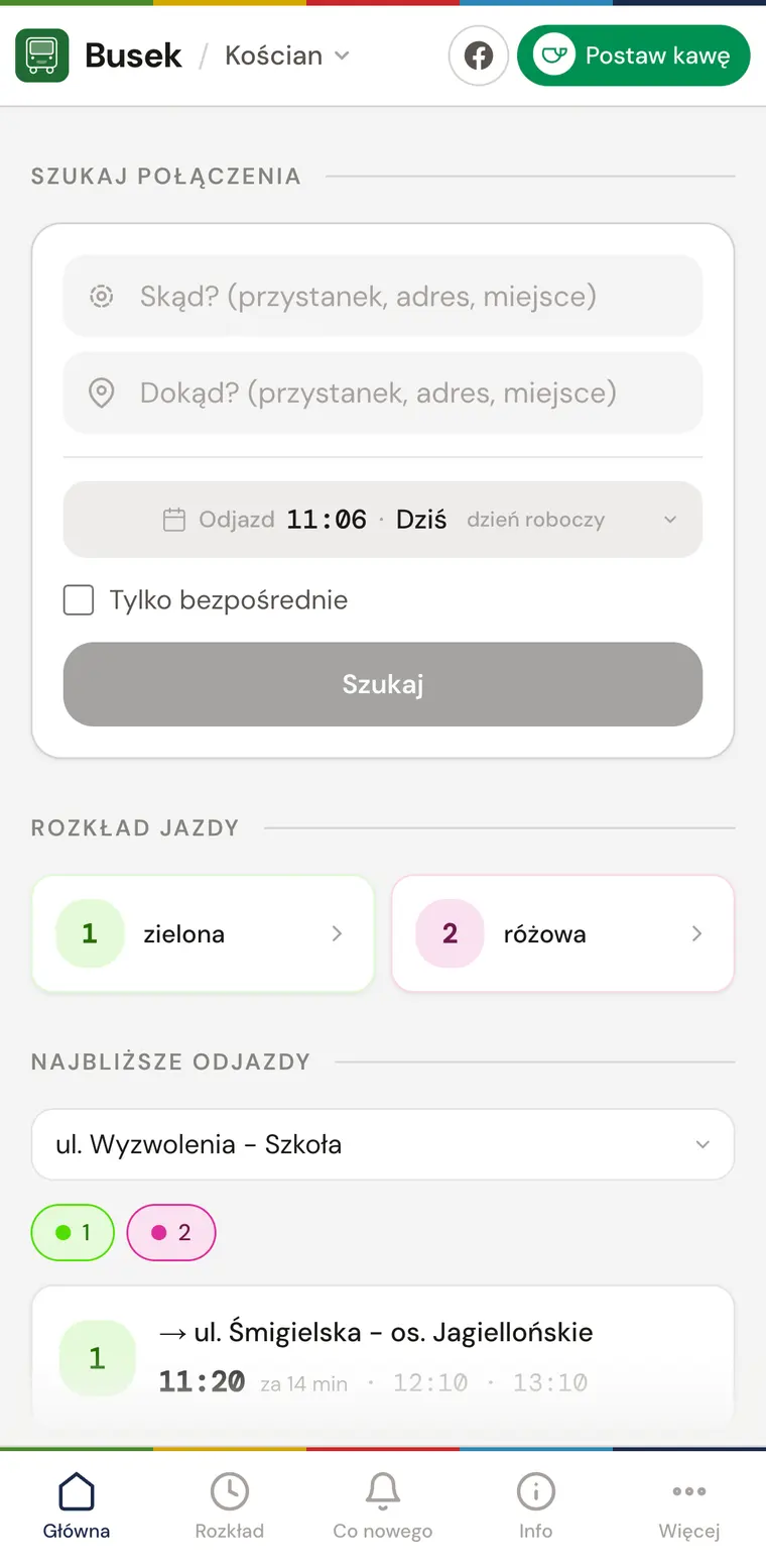 Ekran główny aplikacji Busek: wyszukiwarka połączeń, kafle linii i lista najbliższych odjazdów.