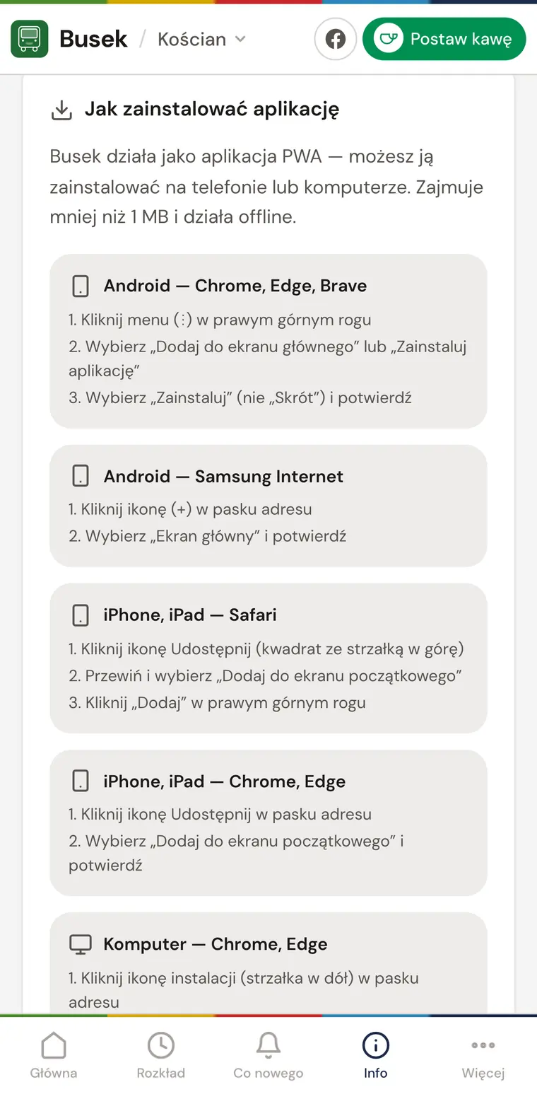Sekcja „Jak zainstalować aplikację” w Busku: kroki instalacji PWA dla Androida, iPhone’a i komputera.