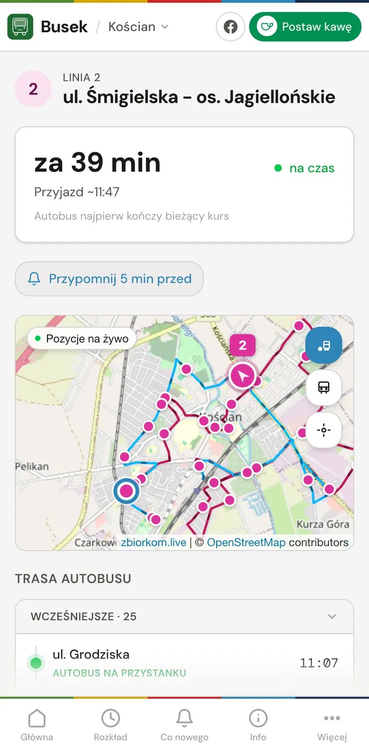Śledzenie Linii 2 na żywo: licznik „za 39 min”, status „na czas” i mapa z pozycją autobusu.