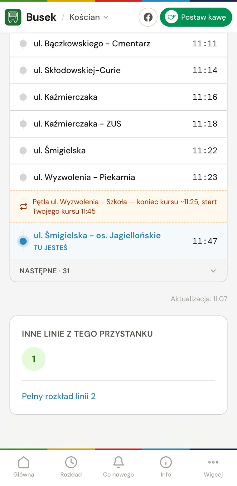 Oś czasu kursu: lista kolejnych przystanków z godzinami i zaznaczoną pozycją „tu jesteś”.