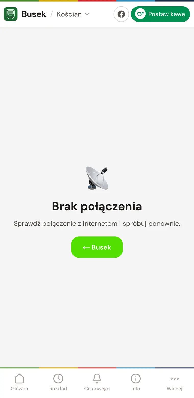 Ekran offline aplikacji Busek z komunikatem „Brak połączenia” i przyciskiem powrotu.