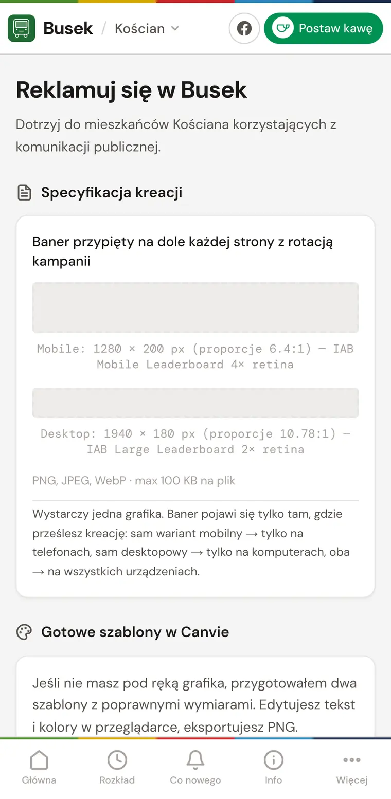 Strona „Reklamuj się w Busek” ze specyfikacją formatów kreacji reklamowych.