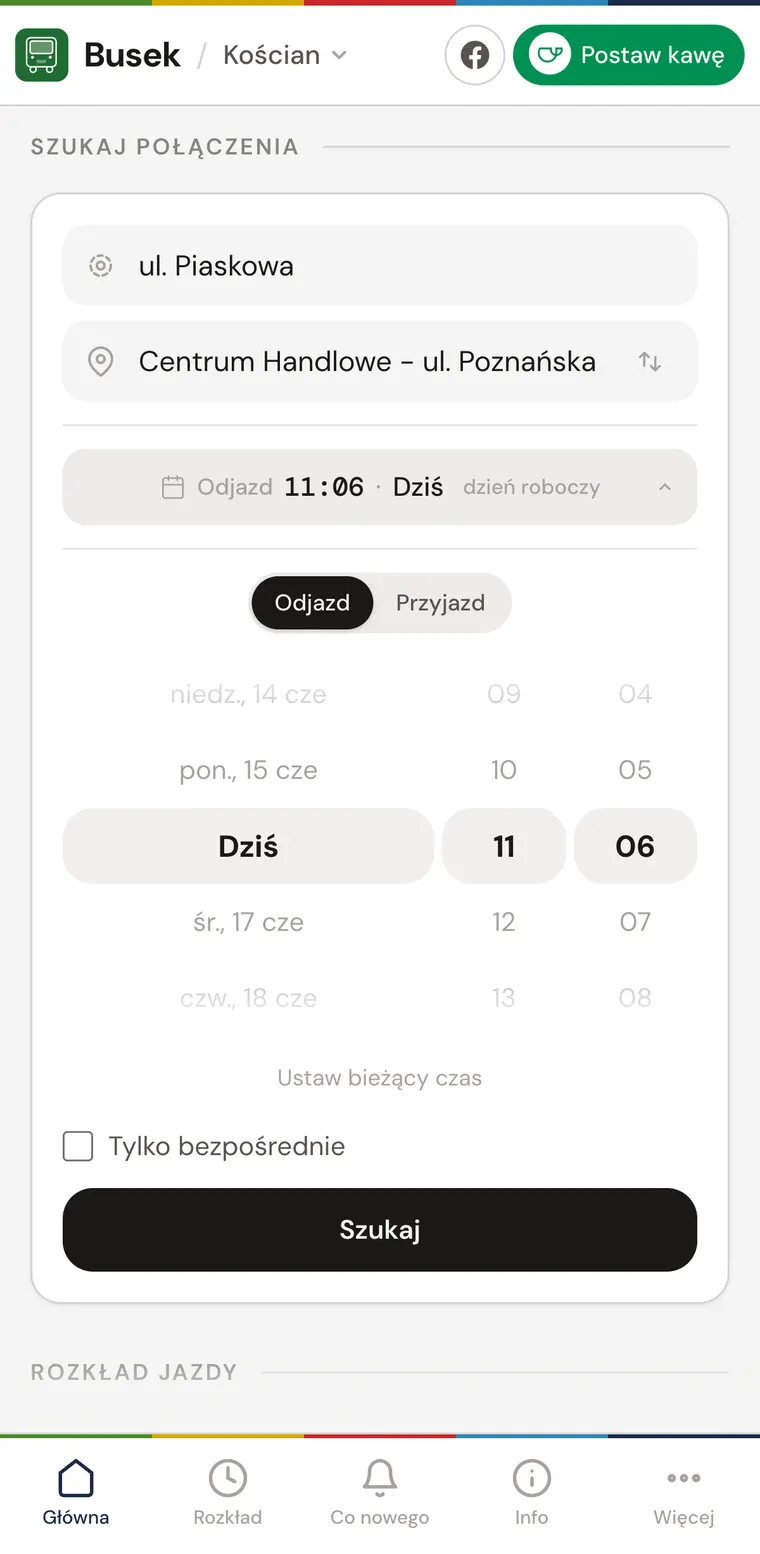 Formularz wyszukiwania połączeń z wybranym punktem startowym, celem i otwartym wyborem daty.
