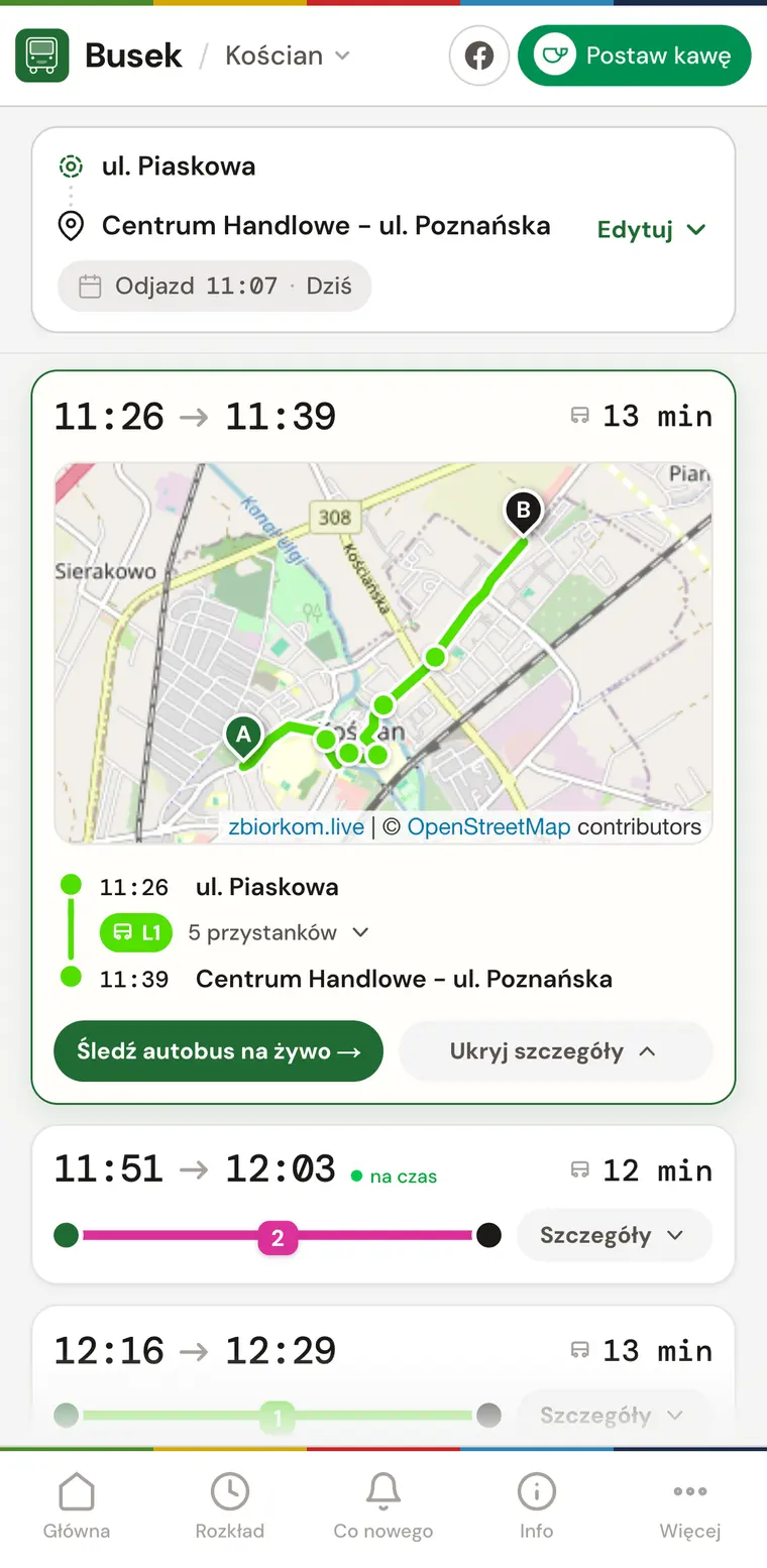 Rozwinięte połączenie: mapa trasy z punktami A i B oraz lista przystanków pośrednich.